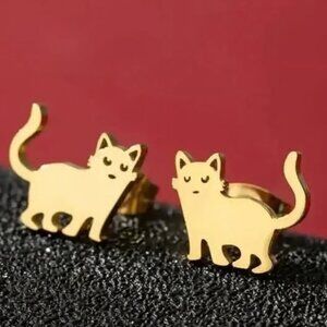 Gold Stainless Steel KITTY CAT Stud Earrings